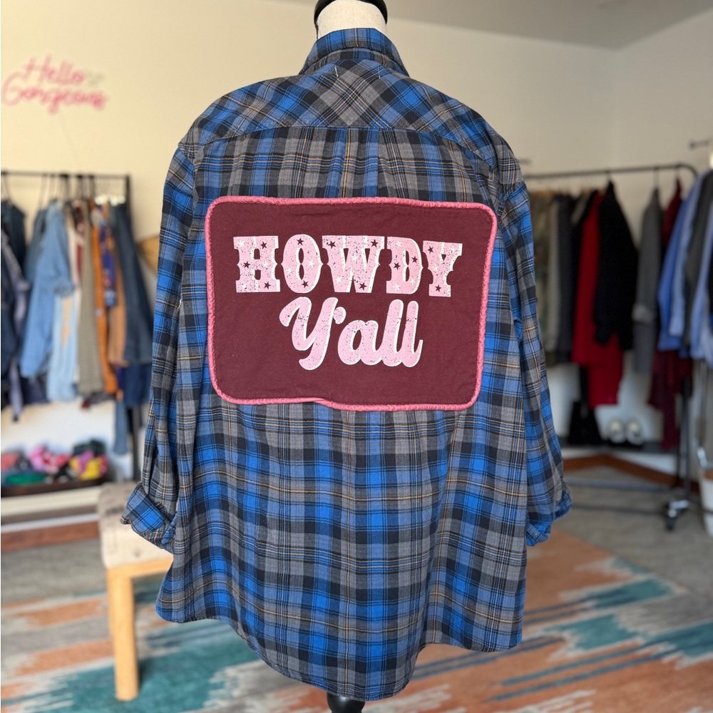 Reworked Upcycled Vintage Flannel Graphic Tee Western Fun Howdy Y’all